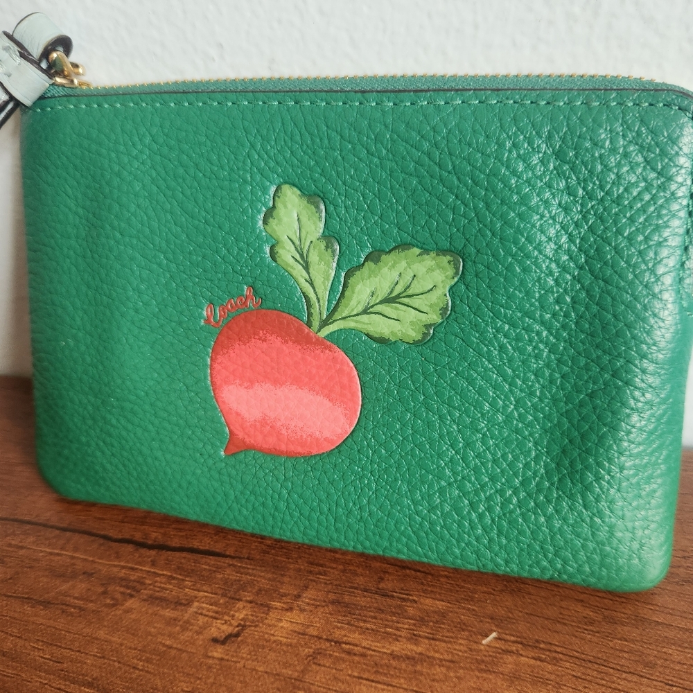 Green Leather Coach Wristlet with Radish Design - Picture 3 of 10